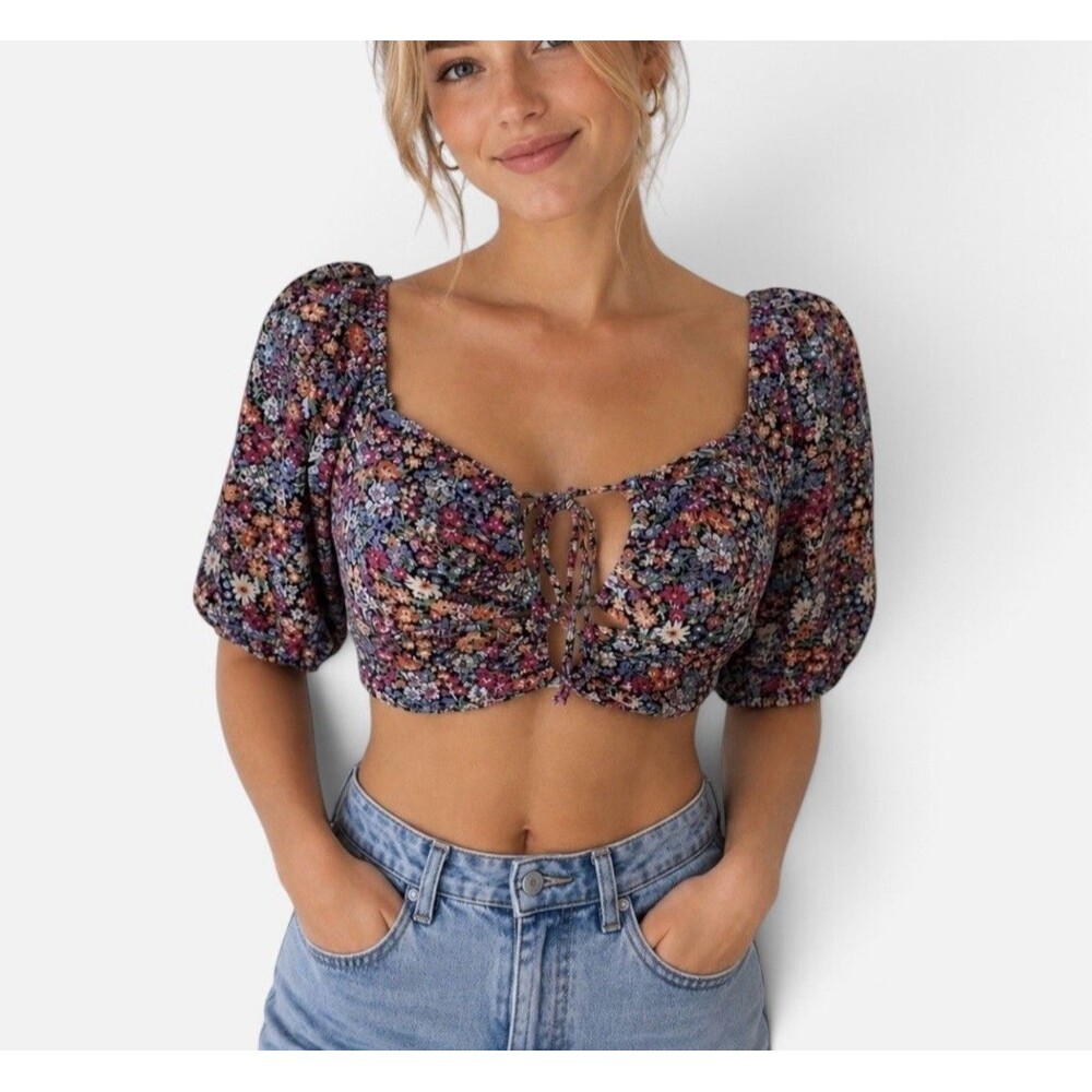 NWT Wild Fable Floral Puff Sleeve Crop Top Multi Color Ruched Drawstring Small S